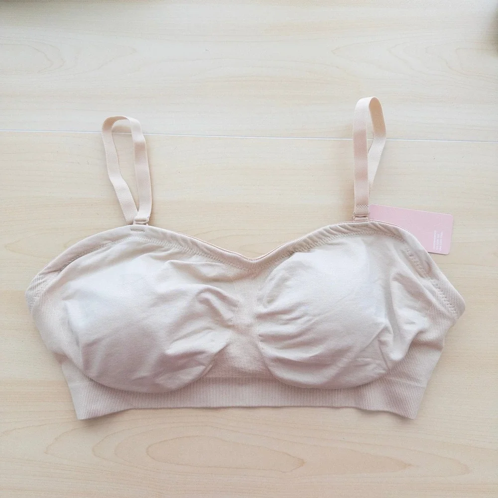 Feelingirl Womens Strapless‎ Seamless Bra Large Beige Wireless Straps Comfort